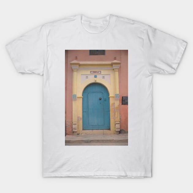 Blue Moroccan door with pink wall T-Shirt by rogerstrawberry